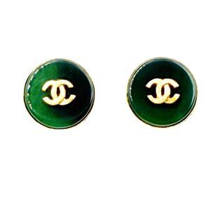 Chanel Vintage Gold Plated CC Green Stone Round Clip on Earrings